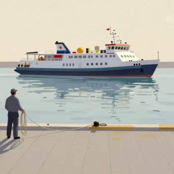 A dock worker holding a coiled rope beside an empty mooring while a small ferry is still far out on the water