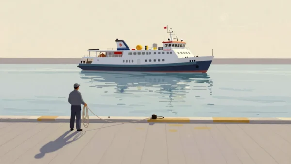 A dock worker holding a coiled rope beside an empty mooring while a small ferry is still far out on the water