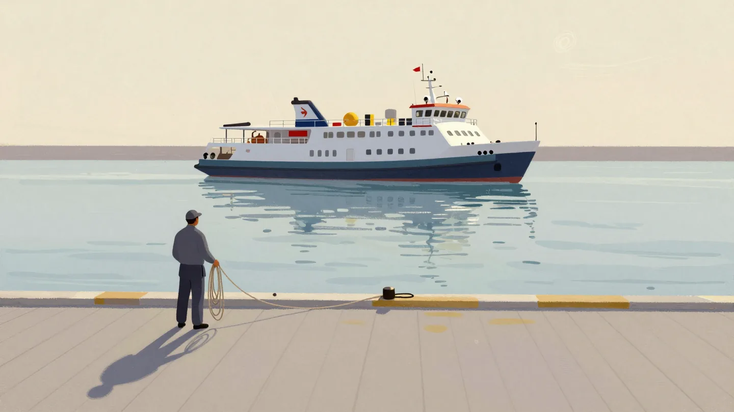 A dock worker holding a coiled rope beside an empty mooring while a small ferry is still far out on the water