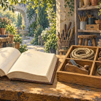 A blank open book beside a four-compartment wooden organizer holding rope, seed pods, a wood plane and a magnifying glass.