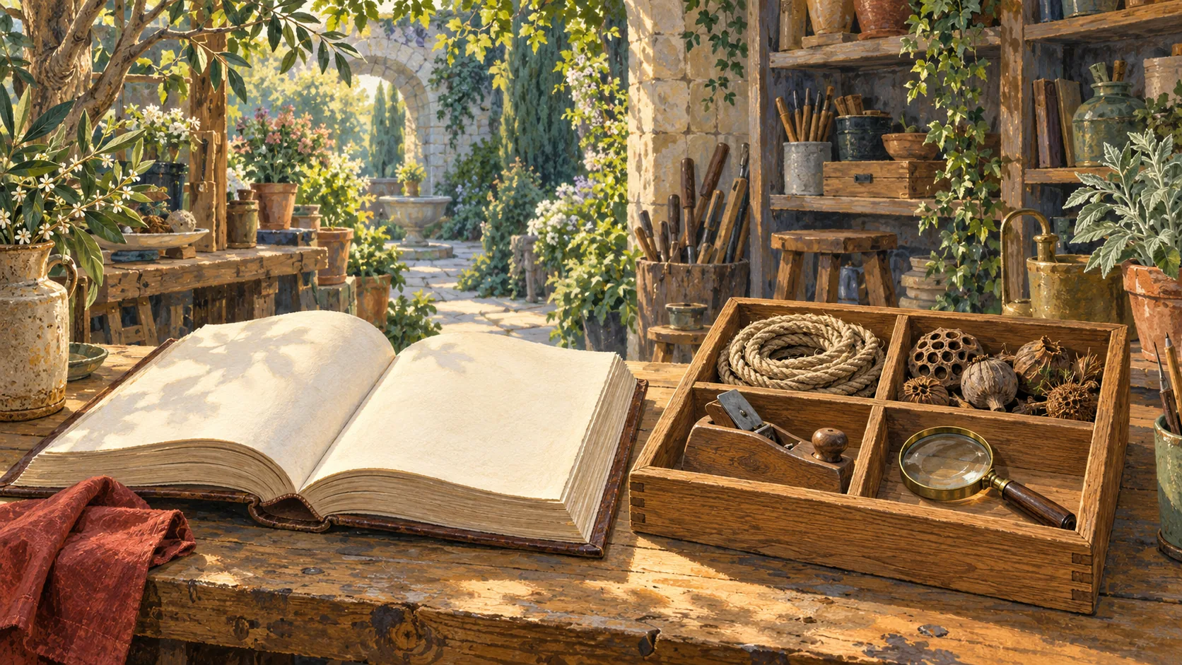 A blank open book beside a four-compartment wooden organizer holding rope, seed pods, a wood plane and a magnifying glass.