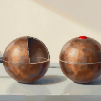 Gouache painting: two matching polished bronze spheres sit side by side on a foundry bench, identical outside in size and color