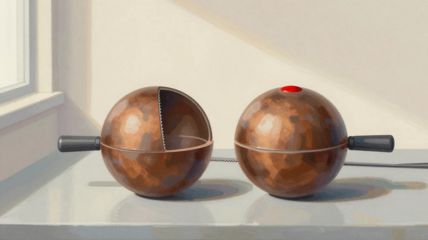 Gouache painting: two matching polished bronze spheres sit side by side on a foundry bench, identical outside in size and color