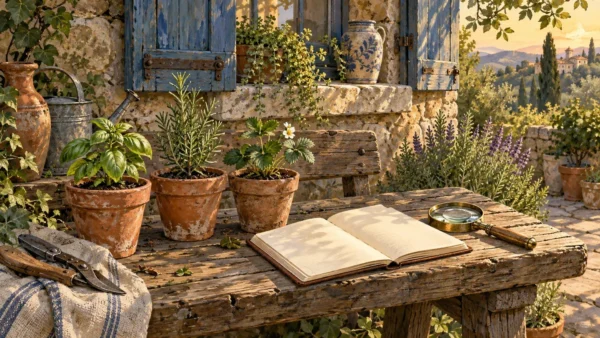 Three potted herbs and a blank notebook sit beside a magnifying glass on a painted garden bench