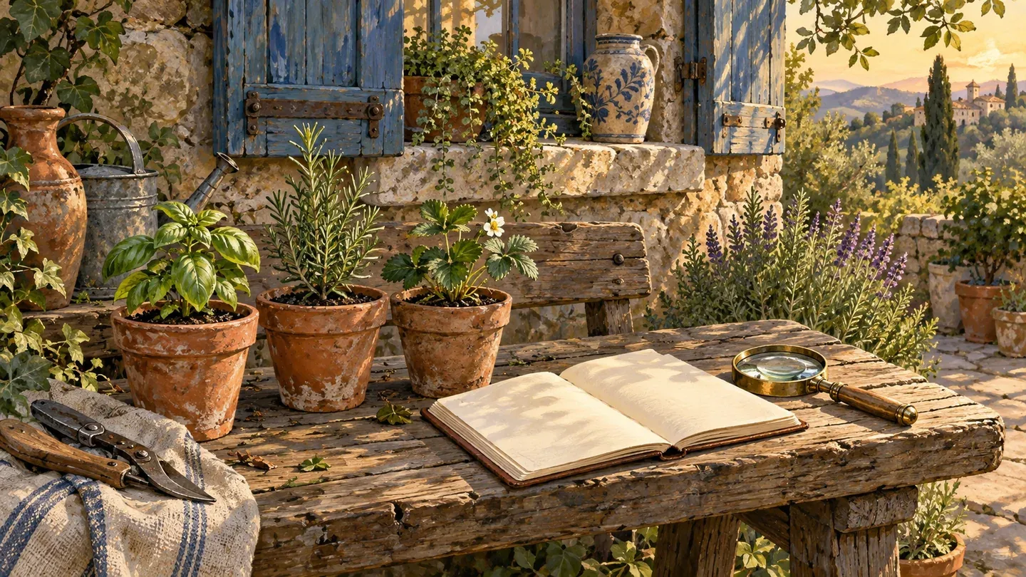 Three potted herbs and a blank notebook sit beside a magnifying glass on a painted garden bench
