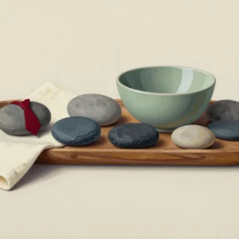 Seven smooth stones on a wooden tray beside a sage bowl, with one stone tied in red ribbon and a pale folded cloth.