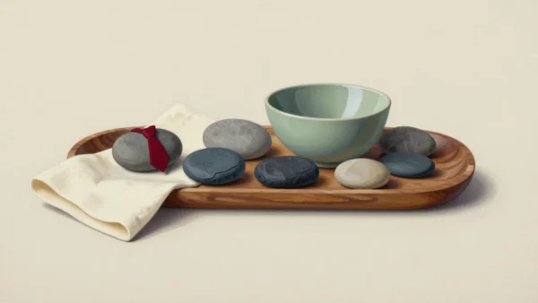 Seven smooth stones on a wooden tray beside a sage bowl, with one stone tied in red ribbon and a pale folded cloth.