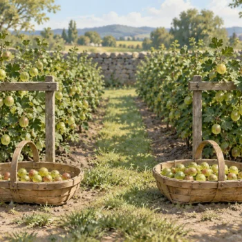 Two gooseberry rows and two harvest baskets stand beside a wooden crossbar spanning both rows.