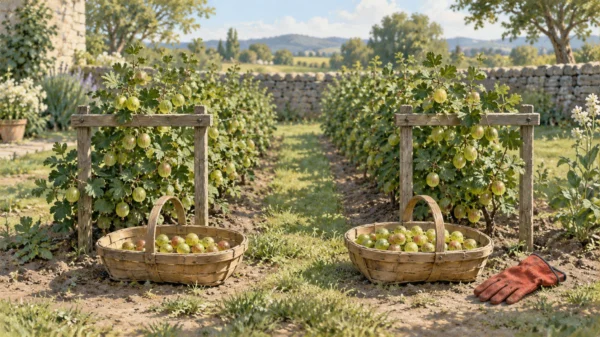 Two gooseberry rows and two harvest baskets stand beside a wooden crossbar spanning both rows.
