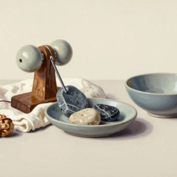 A wooden apparatus with two pale wheels and a metal arm beside a bowl of stones, an empty bowl, a walnut and a red cord.