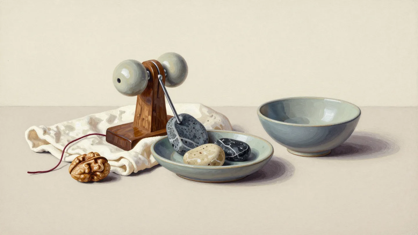 A wooden apparatus with two pale wheels and a metal arm beside a bowl of stones, an empty bowl, a walnut and a red cord.