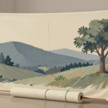 A painted landscape banner stretched on a wooden frame, with a rolled length of the same cloth lying below it.