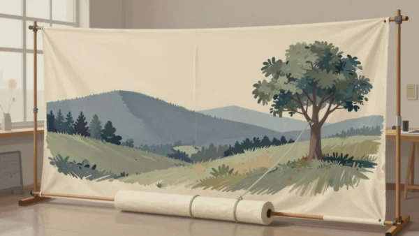 A painted landscape banner stretched on a wooden frame, with a rolled length of the same cloth lying below it.