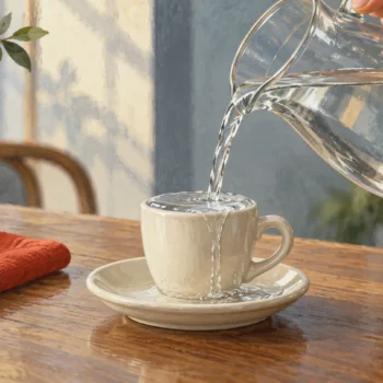 Water poured from a jug overflows a small espresso cup into its saucer.