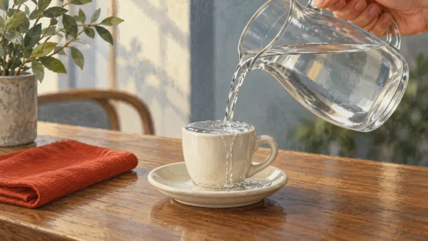 Water poured from a jug overflows a small espresso cup into its saucer.