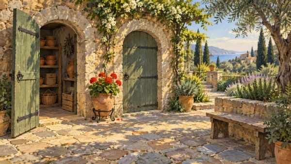 An open green wooden door reveals pottery shelves beside a closed green door in a sunny stone courtyard.