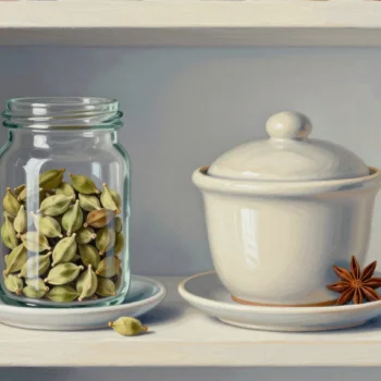 A glass jar of green cardamom pods beside a closed white lidded crock on a shelf.