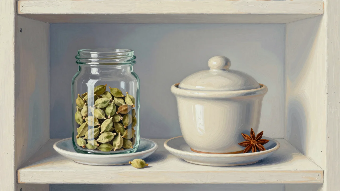 A glass jar of green cardamom pods beside a closed white lidded crock on a shelf.