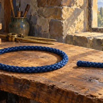 A painting shows a closed loop of blue rope beside a straight rope ending at a brass boundary pin.
