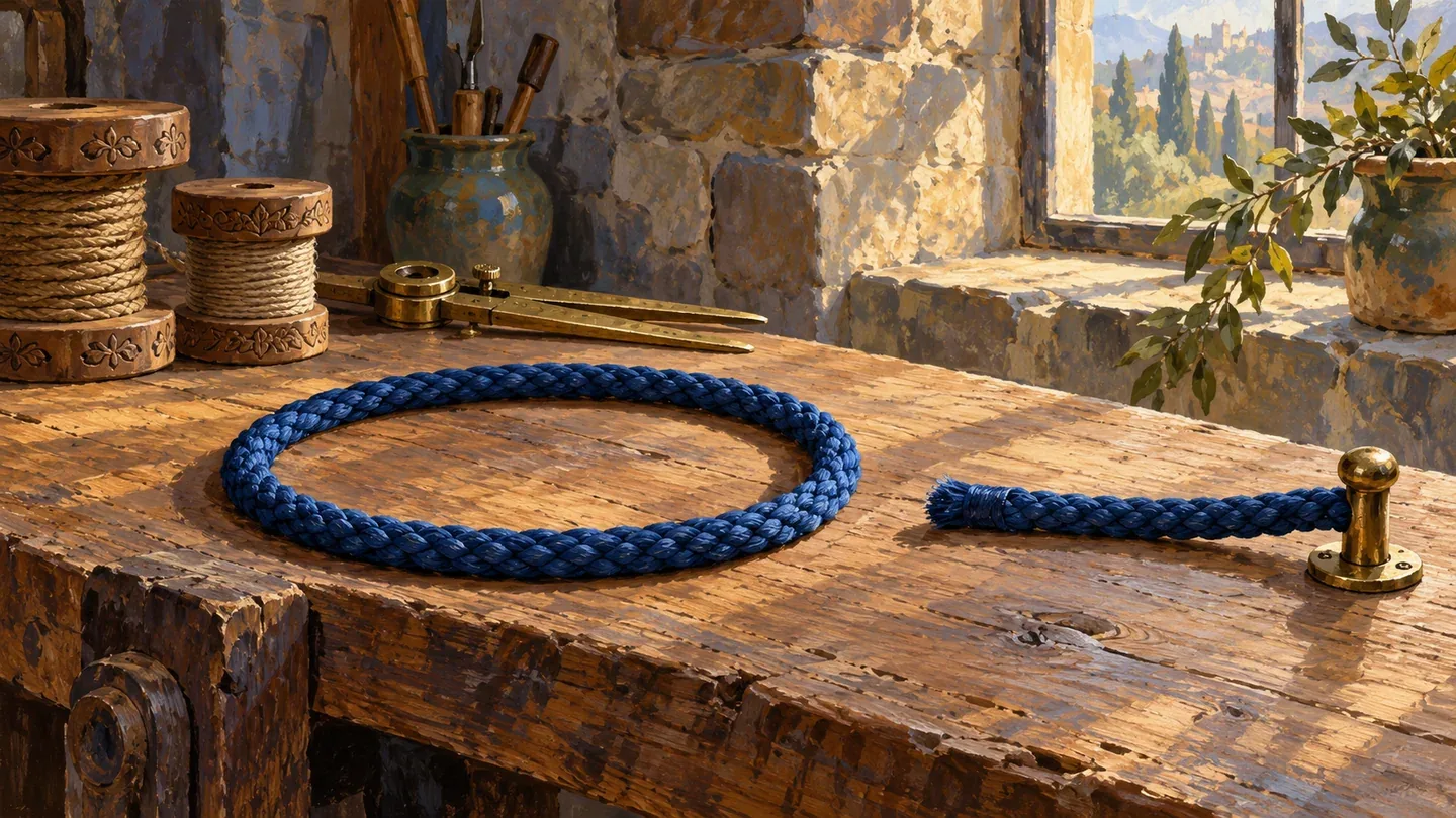 A painting shows a closed loop of blue rope beside a straight rope ending at a brass boundary pin.