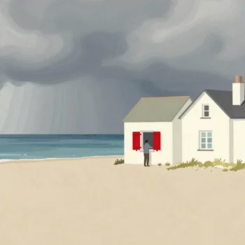 A figure closes red storm shutters on seaside cottage windows facing an approaching storm.
