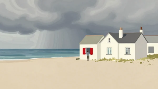 A figure closes red storm shutters on seaside cottage windows facing an approaching storm.