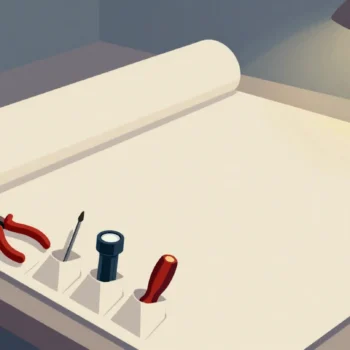 An unrolled canvas tool roll on a table at night holding a few worn tools, each in its own pocket