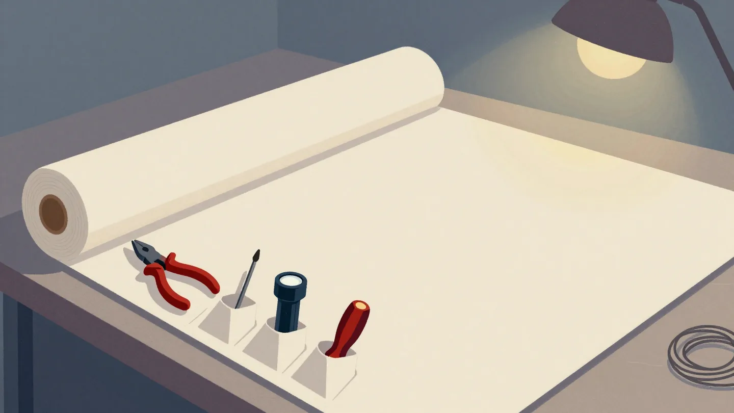 An unrolled canvas tool roll on a table at night holding a few worn tools, each in its own pocket