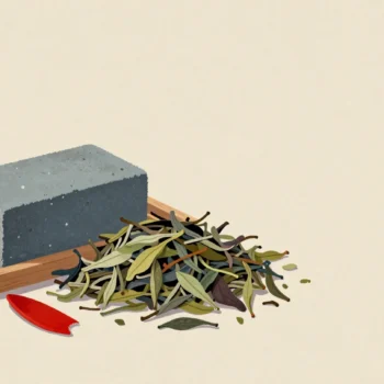 A compact brick of pressed tea beside a loose heap of the same leaves, a small red tea knife resting on it.