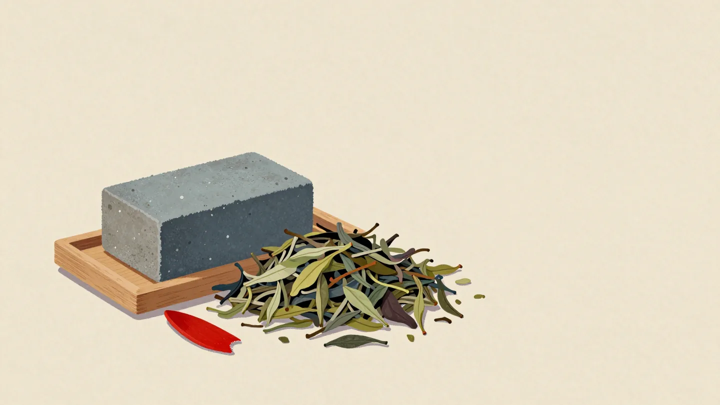 A compact brick of pressed tea beside a loose heap of the same leaves, a small red tea knife resting on it.