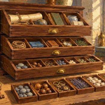 A painting shows a walnut cabinet with nested storage trays and three unlettered wooden keys.