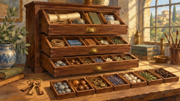 A painting shows a walnut cabinet with nested storage trays and three unlettered wooden keys.