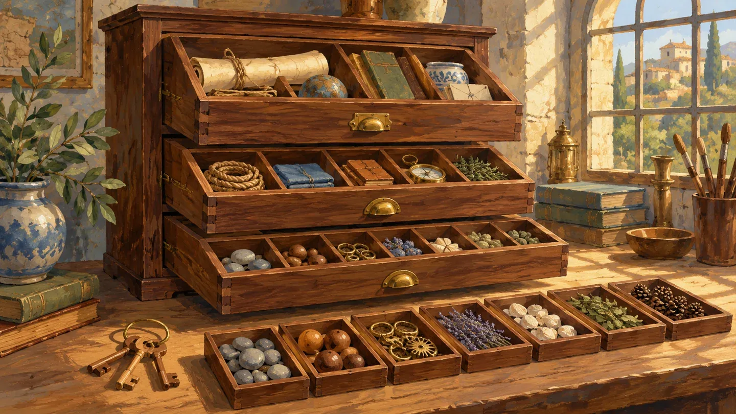 A painting shows a walnut cabinet with nested storage trays and three unlettered wooden keys.
