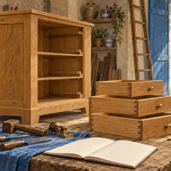 An oak cabinet and three separate fitted drawers beside tools and a blank book in a workshop.