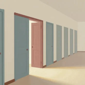 A ring of brass keys on a hook in a corridor of wooden doors, one door ajar with light spilling out