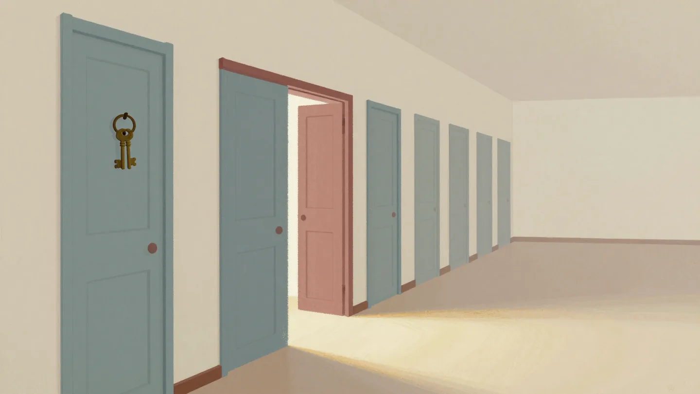A ring of brass keys on a hook in a corridor of wooden doors, one door ajar with light spilling out