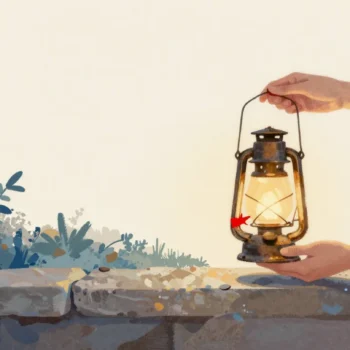 A lit lantern being handed across a stone wall from one pair of hands to another