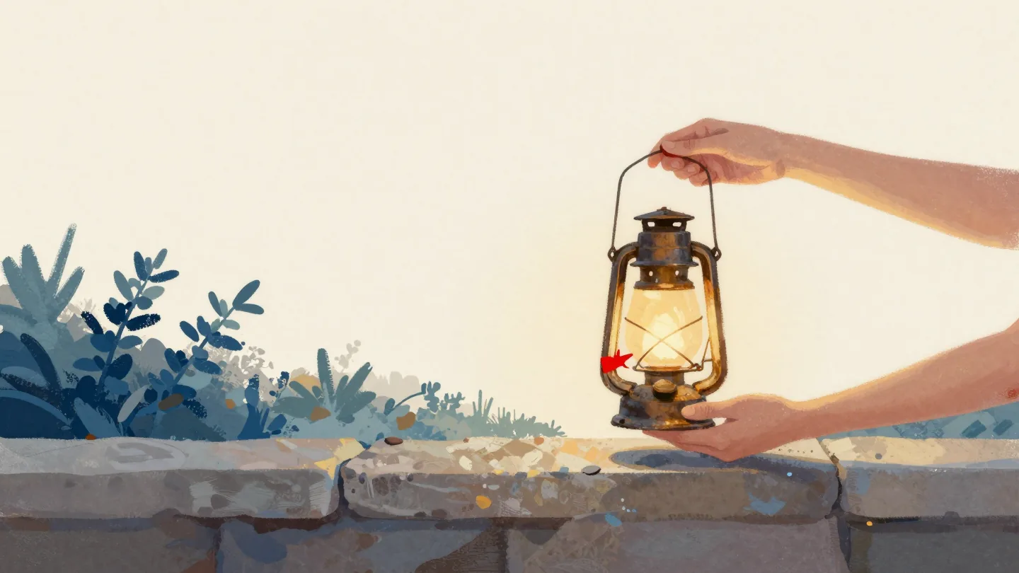 A lit lantern being handed across a stone wall from one pair of hands to another