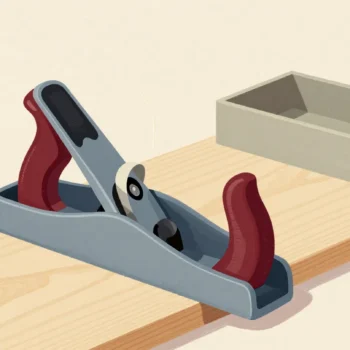 A new hand plane cutting a single thin curl of shaving from a pine board clamped in a vise