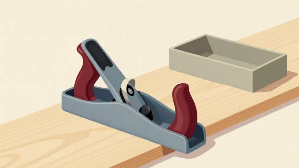 A new hand plane cutting a single thin curl of shaving from a pine board clamped in a vise