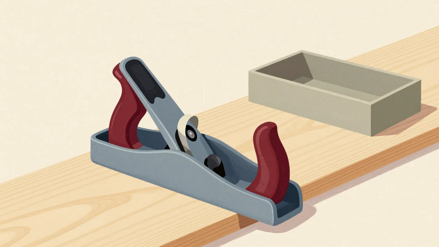 A new hand plane cutting a single thin curl of shaving from a pine board clamped in a vise