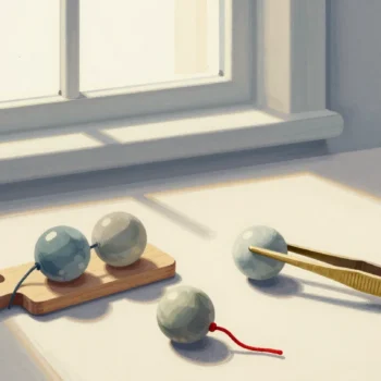 Gouache painting: on a workbench, a pair of plain smooth brass tweezers holds one polished clay marble, while a wide wooden clamp holds a bundle of three marbles tied with string; a loose marble and a second tied bundle lie nearby, one string vermilion