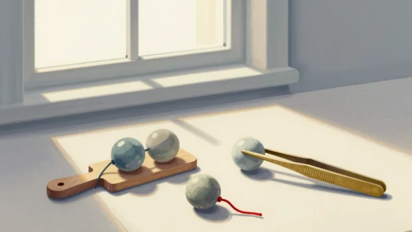 Gouache painting: on a workbench, a pair of plain smooth brass tweezers holds one polished clay marble, while a wide wooden clamp holds a bundle of three marbles tied with string; a loose marble and a second tied bundle lie nearby, one string vermilion