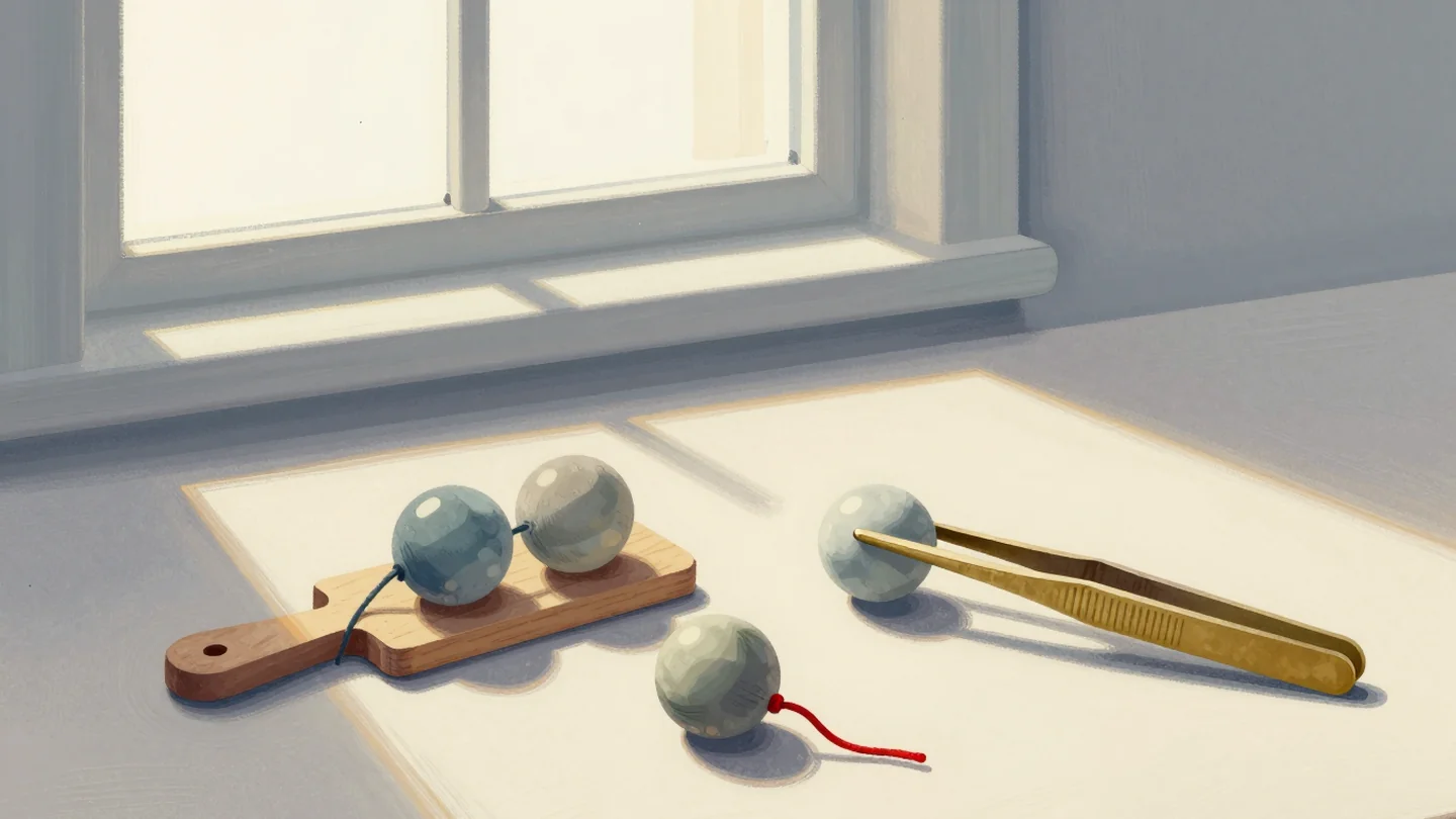 Gouache painting: on a workbench, a pair of plain smooth brass tweezers holds one polished clay marble, while a wide wooden clamp holds a bundle of three marbles tied with string; a loose marble and a second tied bundle lie nearby, one string vermilion