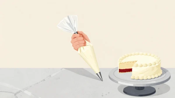 A baker's hand fitting a star nozzle to a piping bag, a round nozzle set aside beside a half-decorated cake
