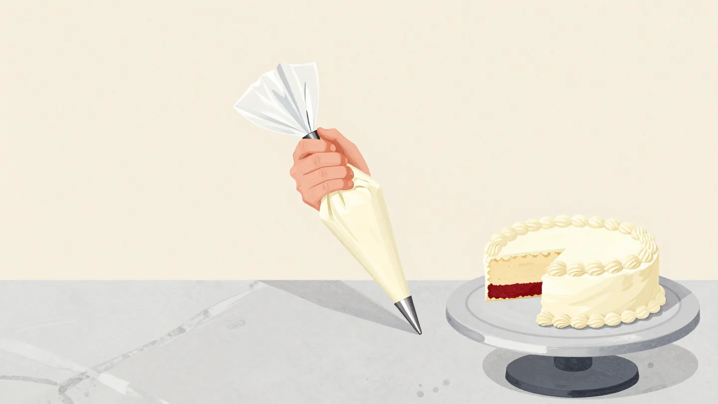 A baker's hand fitting a star nozzle to a piping bag, a round nozzle set aside beside a half-decorated cake