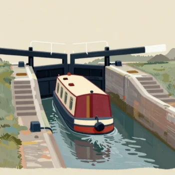 A narrowboat rising in a canal lock, one of three locks stepping up a green hillside.