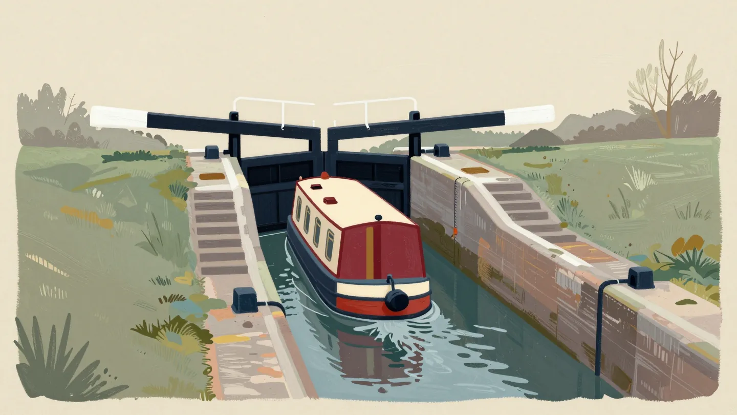 A narrowboat rising in a canal lock, one of three locks stepping up a green hillside.