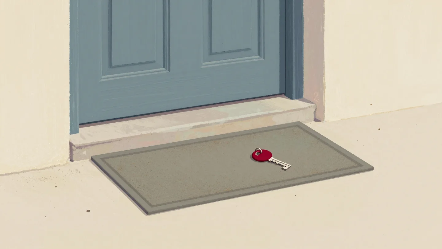 A hand lifts the corner of a doormat to show bare stone and the faint outline where a spare key used to lie.