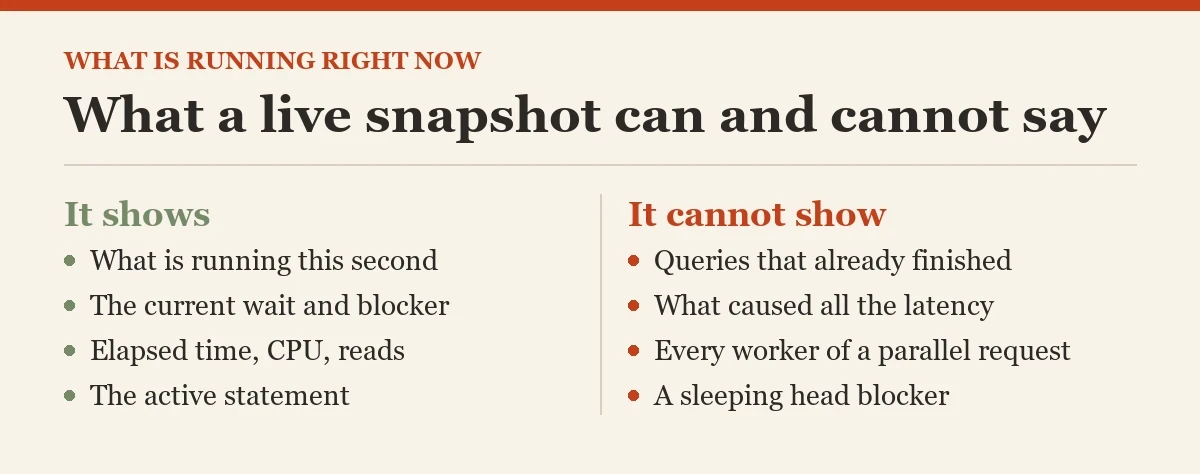 What a live snapshot can and cannot say: a checklist on the what is running right now